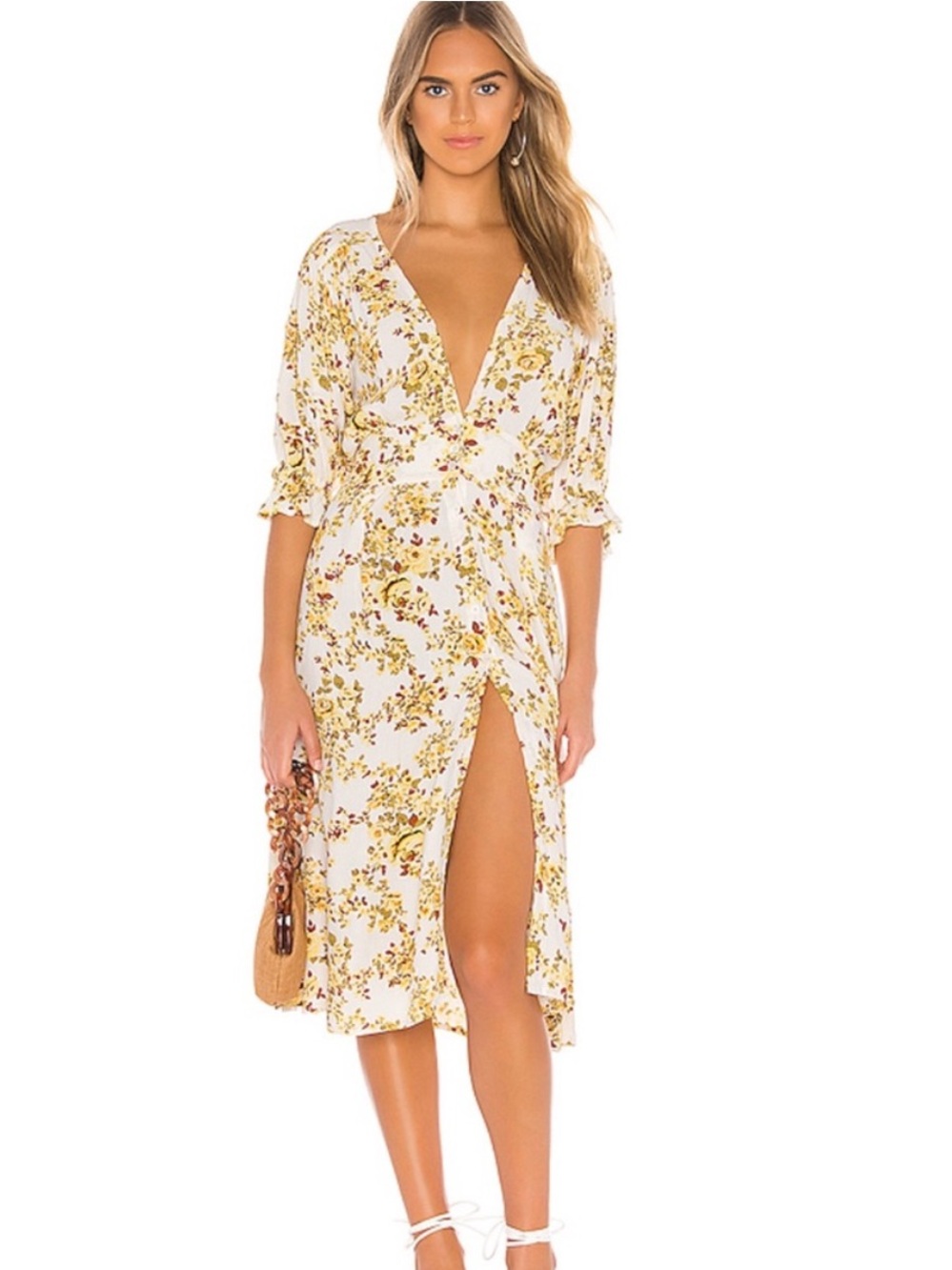 Faithfull The Brand Rafa Yellow Floral Midi Dress Size 4